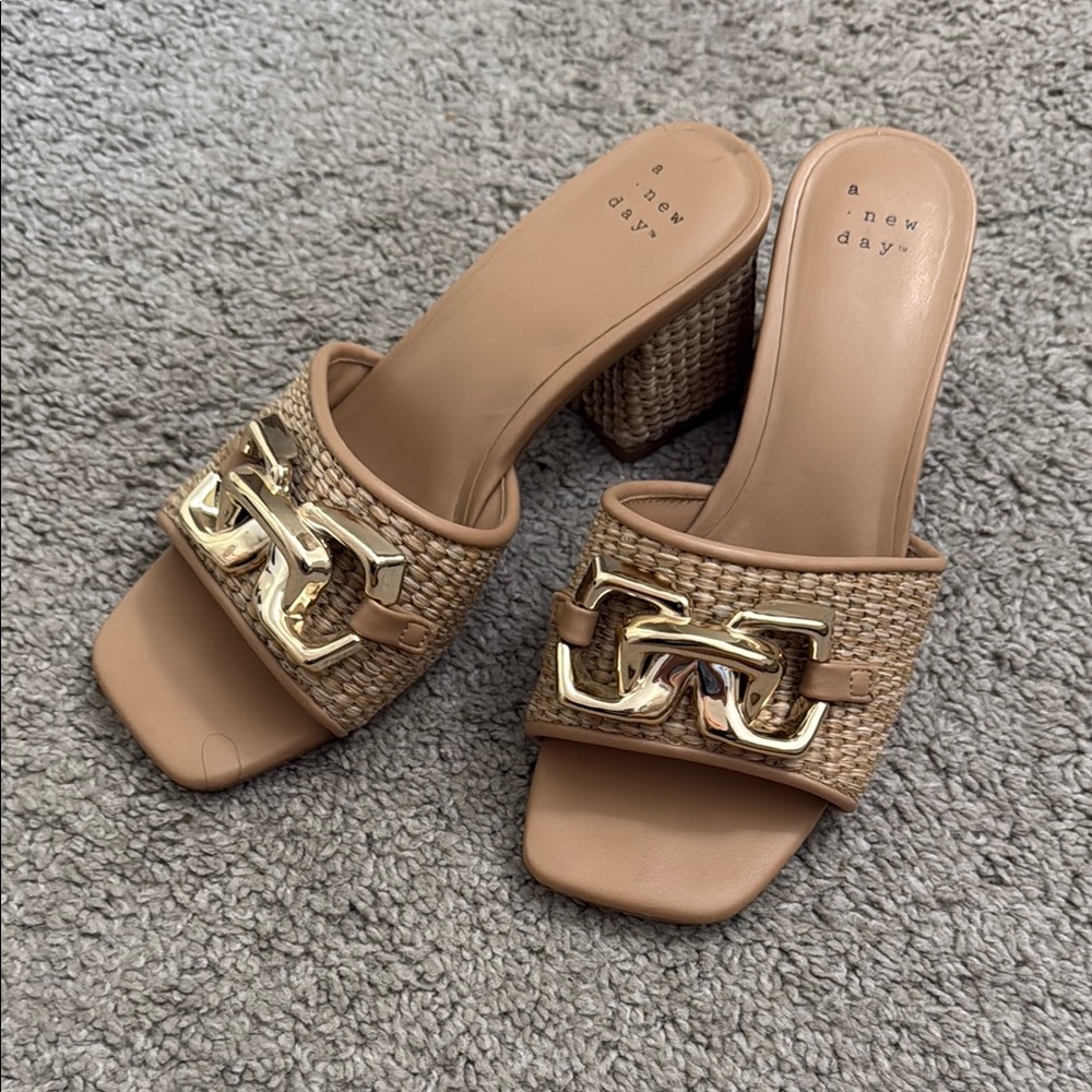 A New Day Tan Gold Mules with Block Heel
